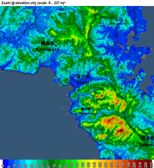 Zoom OUT 2x Zushi, Japan elevation map