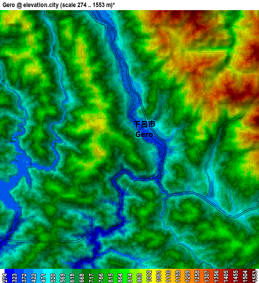 Zoom OUT 2x Gero, Japan elevation map