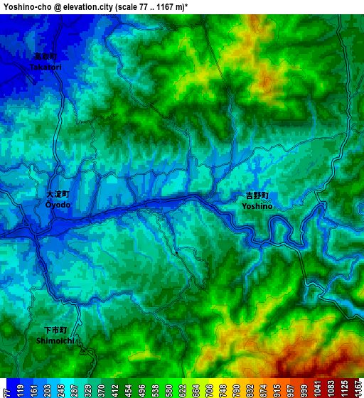 Zoom OUT 2x Yoshino-chō, Japan elevation map