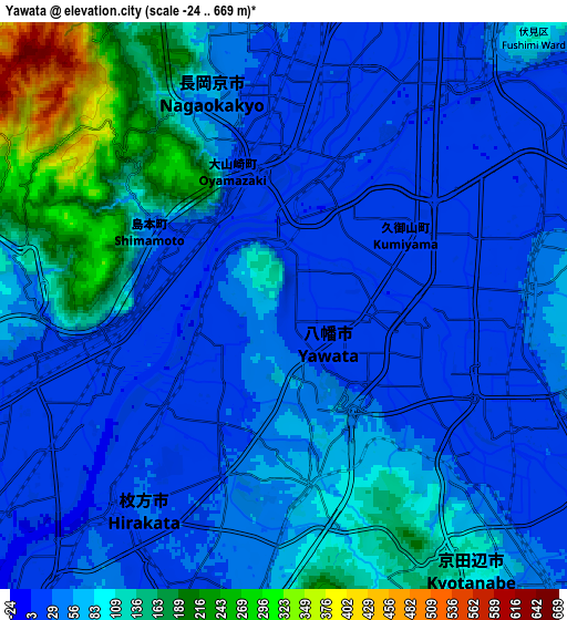 Zoom OUT 2x Yawata, Japan elevation map