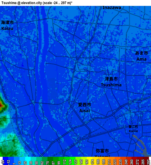 Zoom OUT 2x Tsushima, Japan elevation map