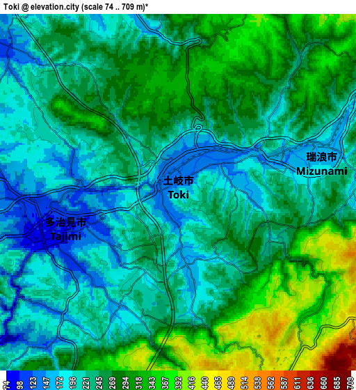 Zoom OUT 2x Toki, Japan elevation map