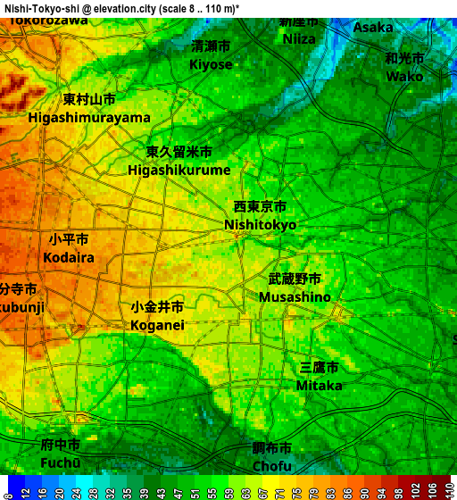 Zoom OUT 2x Nishi-Tokyo-shi, Japan elevation map