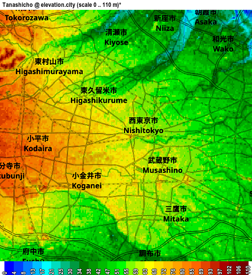Zoom OUT 2x Tanashichō, Japan elevation map