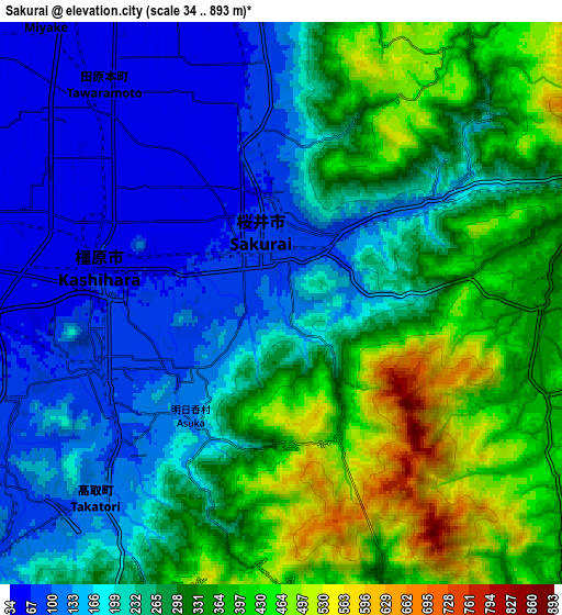 Zoom OUT 2x Sakurai, Japan elevation map