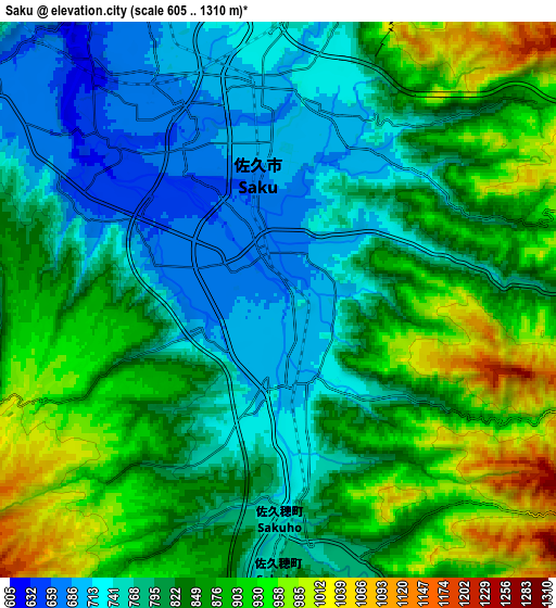 Zoom OUT 2x Saku, Japan elevation map