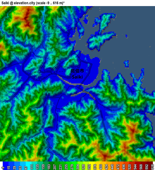 Zoom OUT 2x Saiki, Japan elevation map