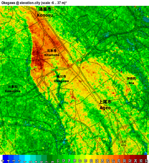 Zoom OUT 2x Okegawa, Japan elevation map
