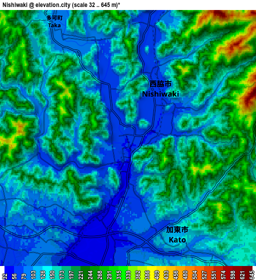 Zoom OUT 2x Nishiwaki, Japan elevation map