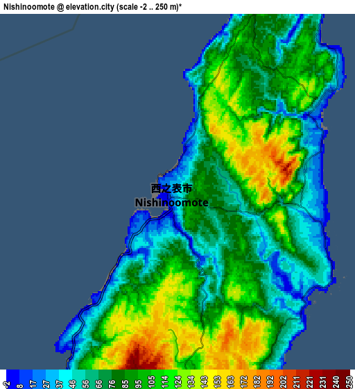 Zoom OUT 2x Nishinoomote, Japan elevation map