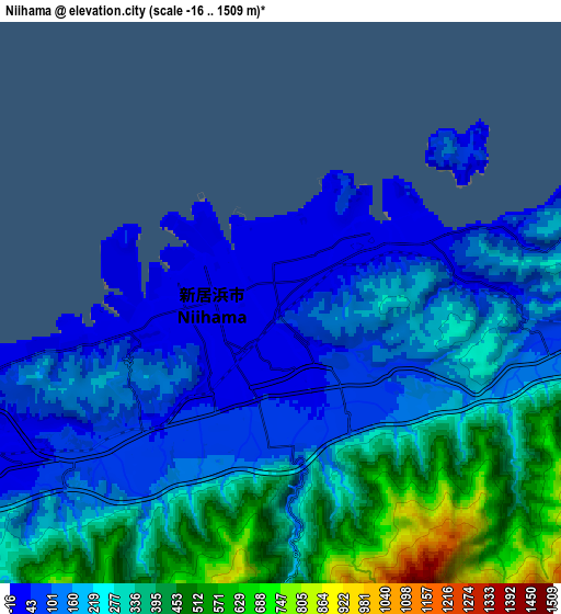 Zoom OUT 2x Niihama, Japan elevation map