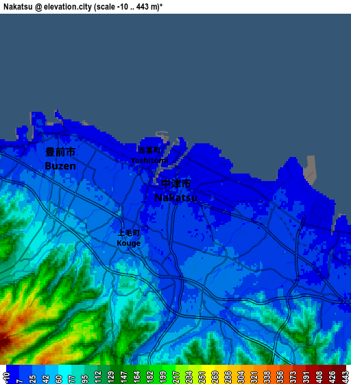 Zoom OUT 2x Nakatsu, Japan elevation map