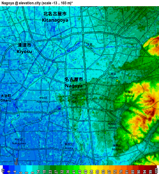 Zoom OUT 2x Nagoya, Japan elevation map