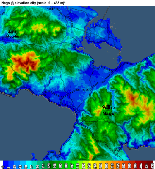 Zoom OUT 2x Nago, Japan elevation map