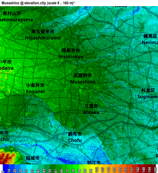 Zoom OUT 2x Musashino, Japan elevation map
