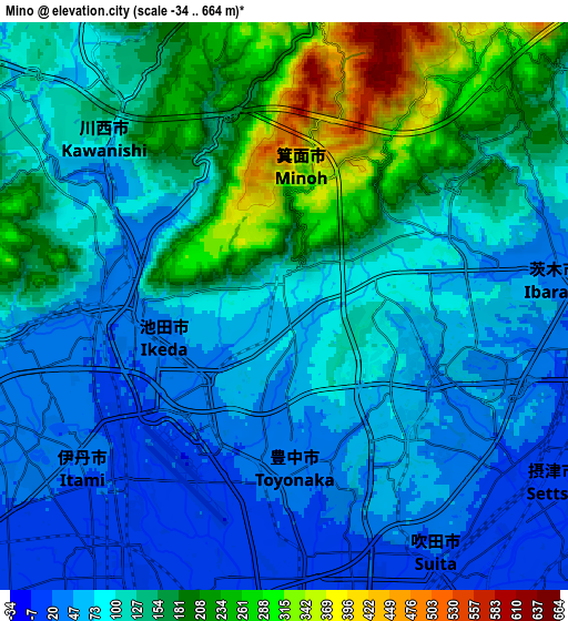Zoom OUT 2x Mino, Japan elevation map