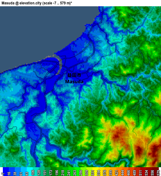 Zoom OUT 2x Masuda, Japan elevation map