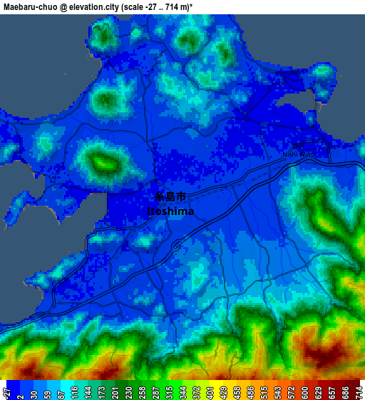 Zoom OUT 2x Maebaru-chūō, Japan elevation map