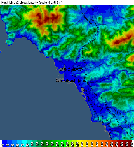 Zoom OUT 2x Kushikino, Japan elevation map