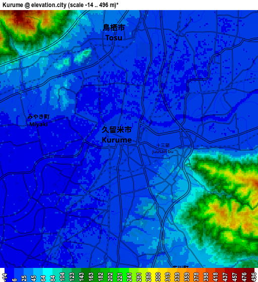 Zoom OUT 2x Kurume, Japan elevation map