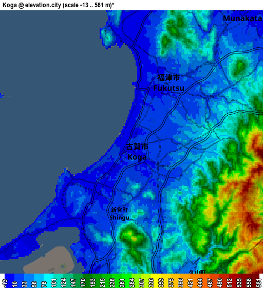 Zoom OUT 2x Koga, Japan elevation map