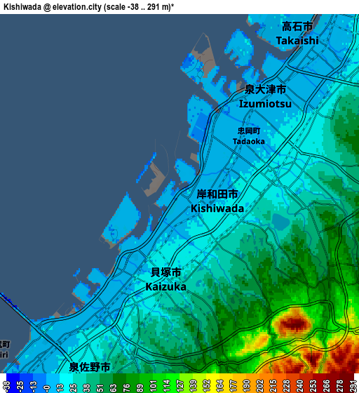 Zoom OUT 2x Kishiwada, Japan elevation map
