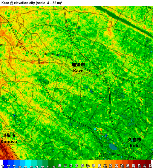 Zoom OUT 2x Kazo, Japan elevation map