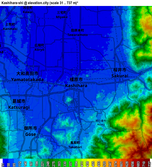 Zoom OUT 2x Kashihara-shi, Japan elevation map