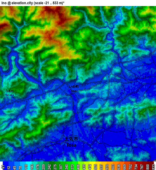 Zoom OUT 2x Ino, Japan elevation map