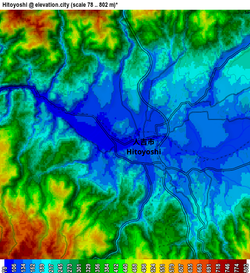 Zoom OUT 2x Hitoyoshi, Japan elevation map