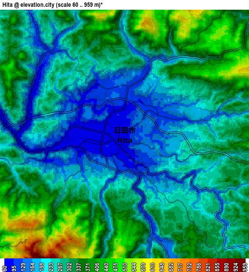 Zoom OUT 2x Hita, Japan elevation map