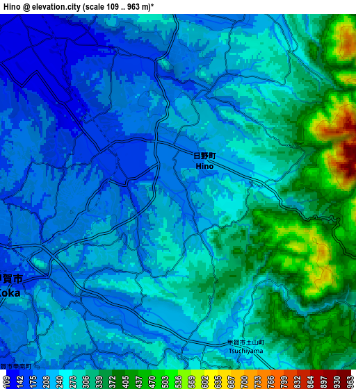 Zoom OUT 2x Hino, Japan elevation map