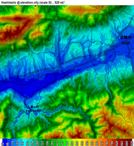 Zoom OUT 2x Hashimoto, Japan elevation map