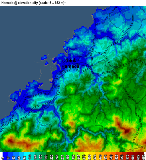 Zoom OUT 2x Hamada, Japan elevation map