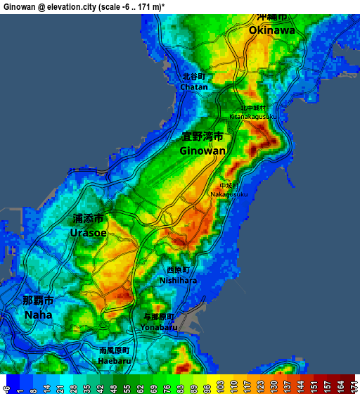 Zoom OUT 2x Ginowan, Japan elevation map