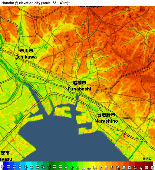 Zoom OUT 2x Honchō, Japan elevation map