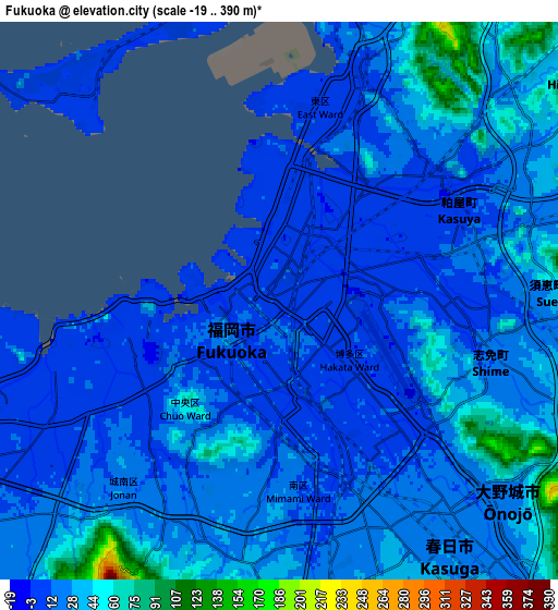 Zoom OUT 2x Fukuoka, Japan elevation map