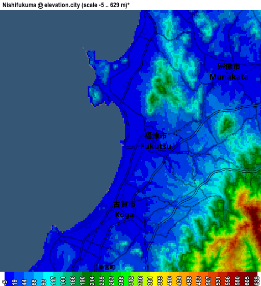 Zoom OUT 2x Nishifukuma, Japan elevation map