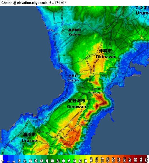 Zoom OUT 2x Chatan, Japan elevation map