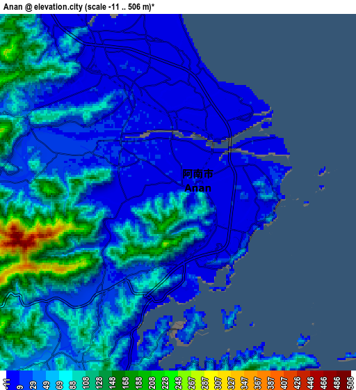 Zoom OUT 2x Anan, Japan elevation map