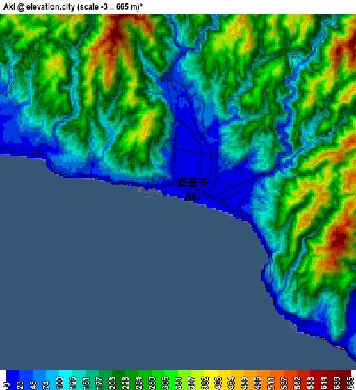 Zoom OUT 2x Aki, Japan elevation map