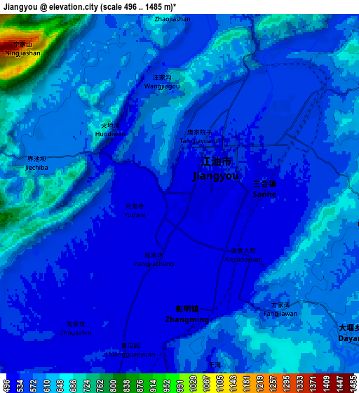 Zoom OUT 2x Jiangyou, China elevation map