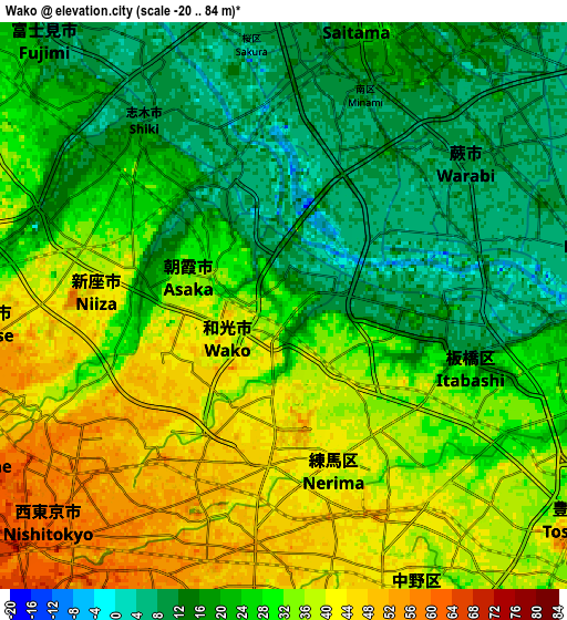 Zoom OUT 2x Wako, Japan elevation map