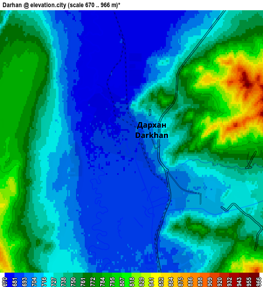 Zoom OUT 2x Darhan, Mongolia elevation map