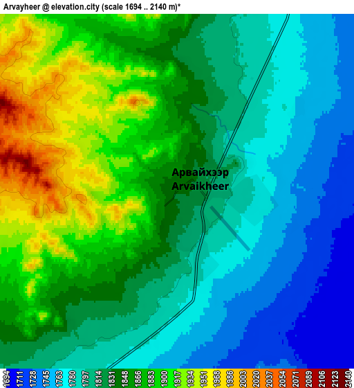 Zoom OUT 2x Arvayheer, Mongolia elevation map
