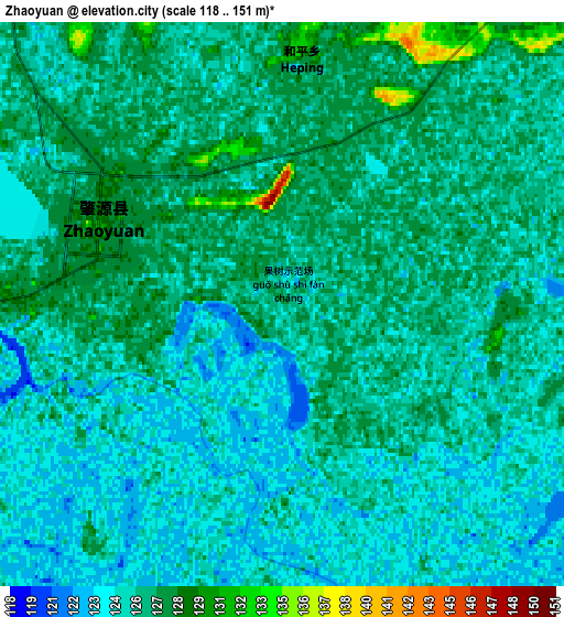 Zoom OUT 2x Zhaoyuan, China elevation map