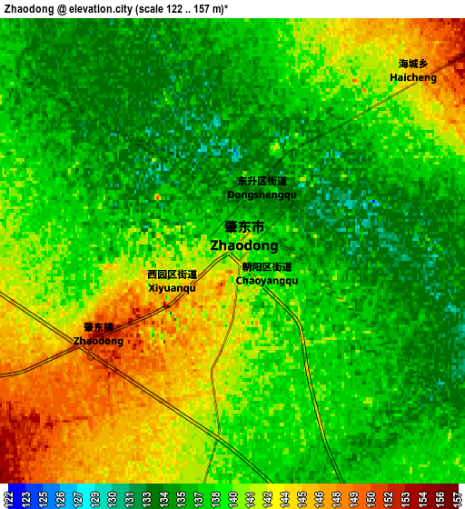 Zoom OUT 2x Zhaodong, China elevation map