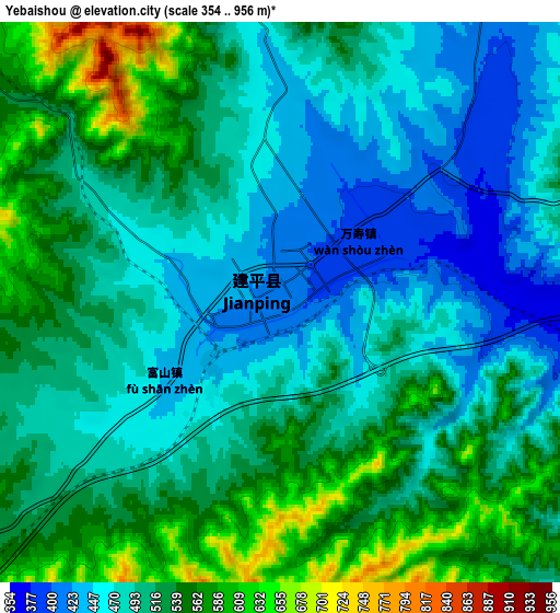 Zoom OUT 2x Yebaishou, China elevation map