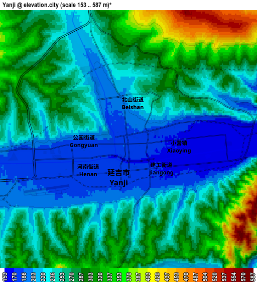 Zoom OUT 2x Yanji, China elevation map