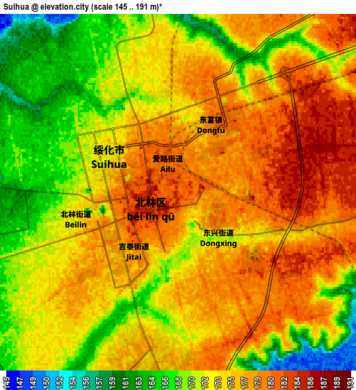 Zoom OUT 2x Suihua, China elevation map